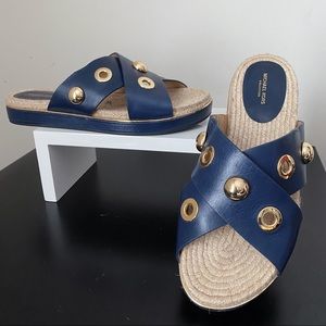 Michael Kors Collection Blue Leather Gold Grommet Slides Sandals 41 10 SAKS